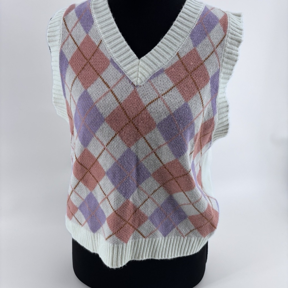 Hazel Moon Pastel‎ Argyle Knit Large Sweater Vest  Preppy Academia Retro 90s